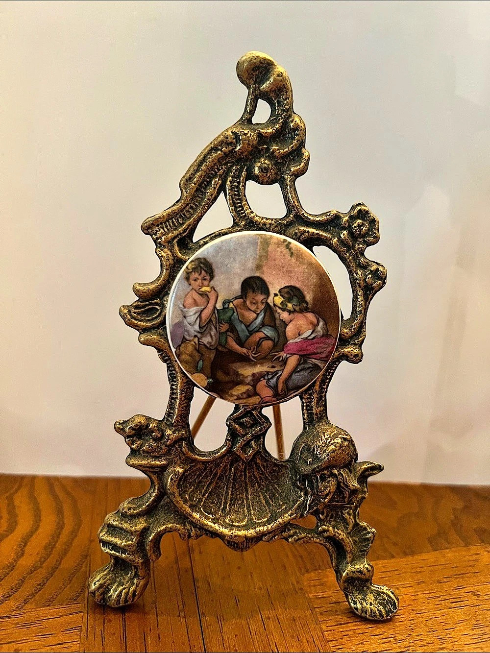 Ornate Decorative porcelain plaque children, brass Curio collectible Figurine